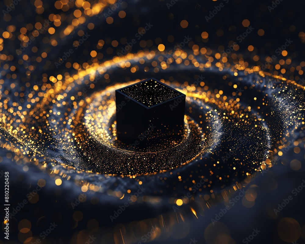 Poster close-up of a mysterious black cube enveloped in mesmerizing golden sparkles, symbolizing allure and