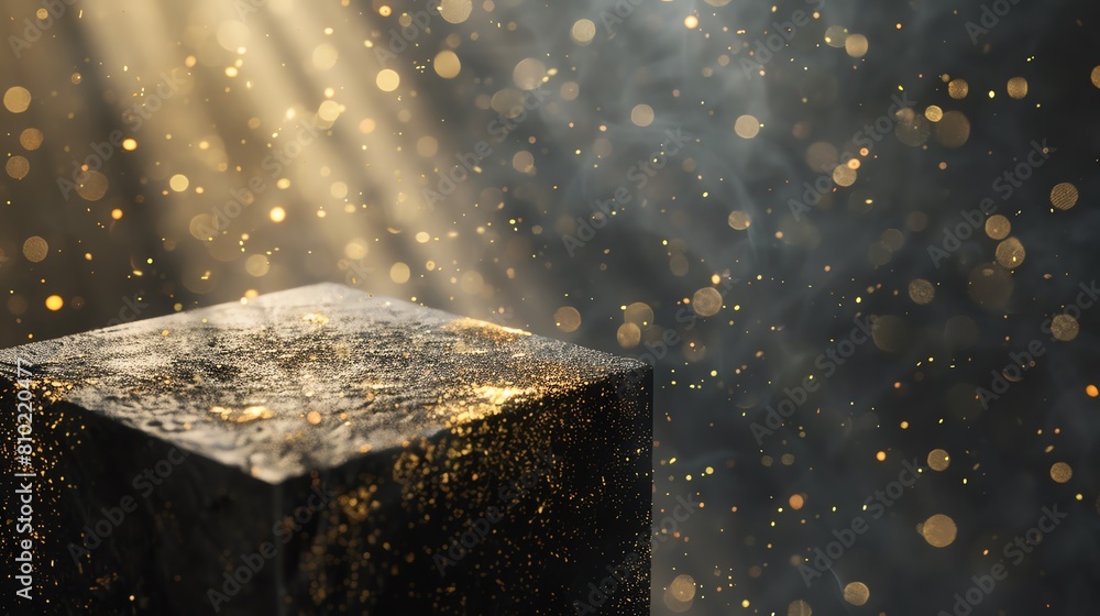 Poster 3d rendering of a dark podium with glowing golden particles and ray light.