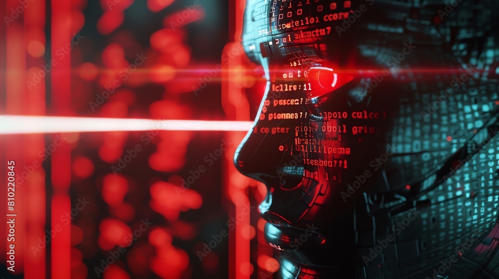 Poster a cybernetic face profile illuminated in red, exploring themes of artificial intelligence and human 