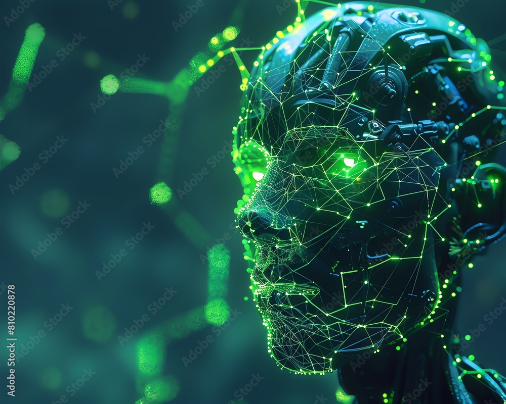 Poster conceptual representation of an artificial intelligence with green glowing eyes and neon plexus patt