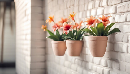 Tropical flowers in decorative clay pots on white brick wall, copy space for text
