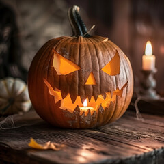 Halloween pumpkin with spooky face, candlelit, rustic wooden background