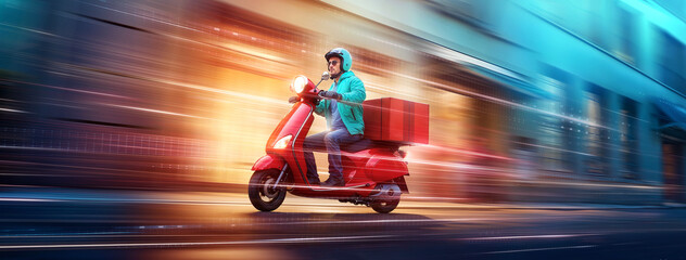 Obraz premium Delivery man speeding a red bike scooter at night on city street against the background. Concept of food fast delivery. 3d illustration