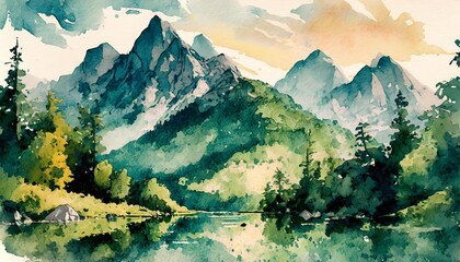 stunning watercolor mountains and trees nature landscape in artistic style