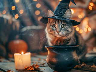 Halloween-themed cat with witch hat sitting by candlelight, festive decorations