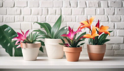 Tropical flowers in decorative clay pots on white brick wall, copy space for text
