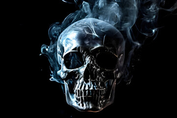 skull in cigarette smoke on dark background, concept of the harm of smoking