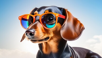 cartoon colorful dog with sunglasses on white background dachshund created with generative ai