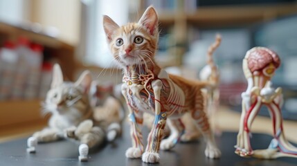 A captivating image of a kitten with detailed anatomical parts, surrounded by various anatomical models, illustrating learning or veterinary concept