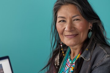 Confident mature native american woman smiling at the camera, showcasing her cultural bead necklace and traditional earrings against a turquoise backdrop