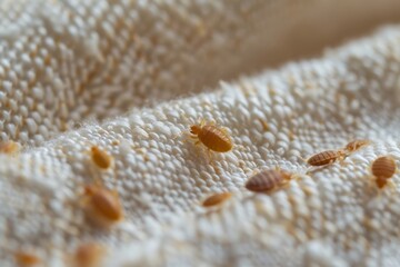Close-up of numerous bed bugs on a textured fabric surface, showcasing the pests in a household setting