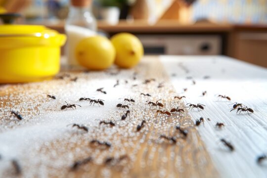 Detailed shot of ant infestation in a kitchen, with ants covering spilled sugar granules on a wooden countertop