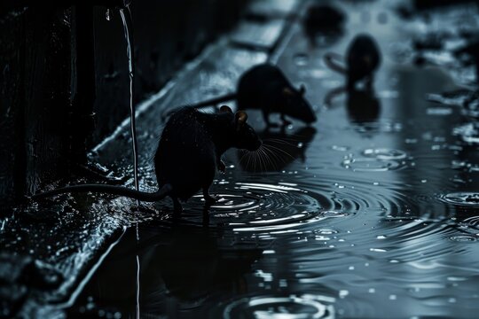 Rats scavenging by a puddle in a dark urban alleyway at night, showcasing the adaptability of urban wildlife