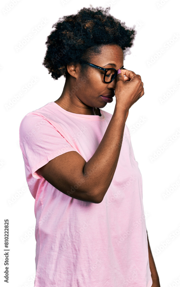 Sticker african american woman with afro hair wearing casual clothes and glasses tired rubbing nose and eyes