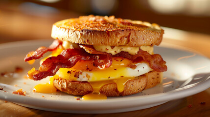 Gourmet bacon and egg sandwich on toasted bread, delicious breakfast meal