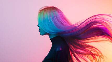 Woman with vibrant rainbow-colored hair, modern and stylish portrait