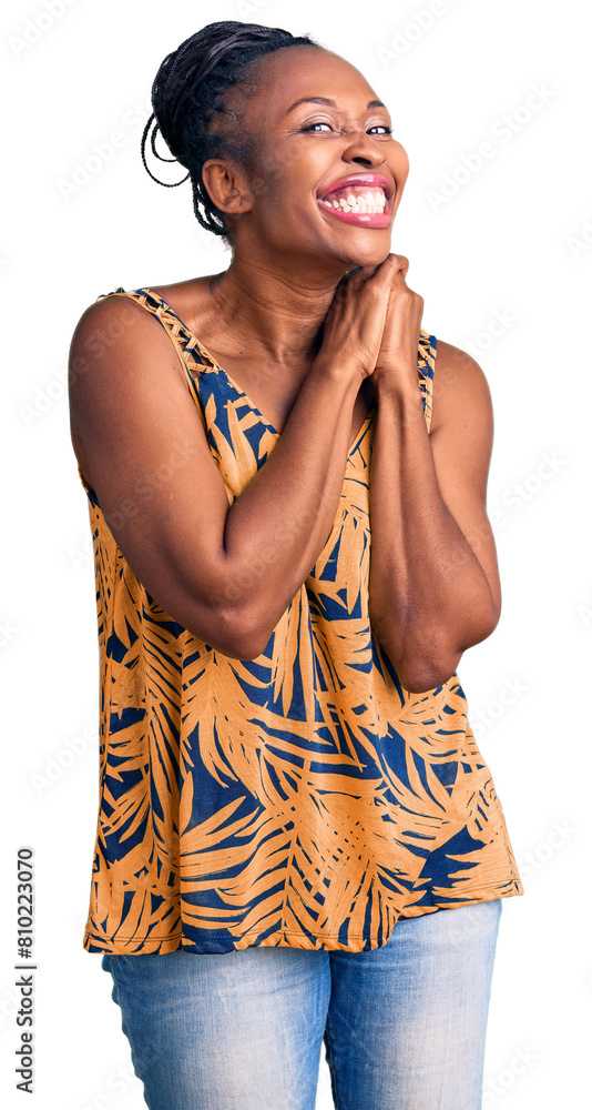 Poster young african american woman wearing casual clothes laughing nervous and excited with hands on chin 