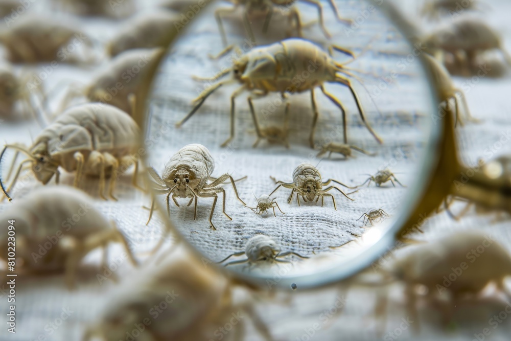 Poster detailed macro shot focuses on intricate crustaceans magnified through a circular lens, emphasizing 
