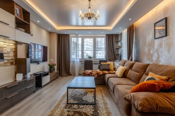 Fototapeta premium Cozy and stylish living room featuring a plush sofa, ambient lighting, and contemporary decor in a luxurious residential apartment setting