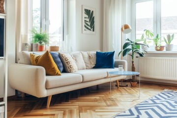 Fototapeta premium Modern living room with cozy sofa, colorful pillows, indoor plants, and stylish furniture bathed in natural sunlight