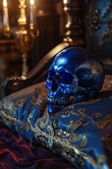 Opulent Blue and Gold Skull in Luxurious Setting
