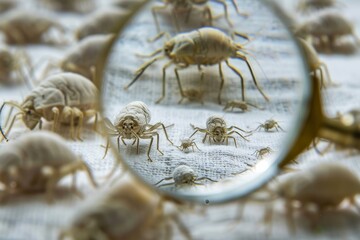 Detailed macro shot focuses on intricate crustaceans magnified through a circular lens, emphasizing scientific observation and biological study
