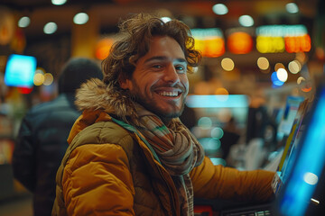 Fototapeta premium An elated customer receiving a surprise discount at checkout, their day brightened by the unexpected savings. Concept of happy online discounts. Generative Ai.