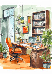 A drawing of a home office with a desk, chair, computer, and bookshelves. Scene is calm and focused, with the potted plants adding a touch of nature to the space
