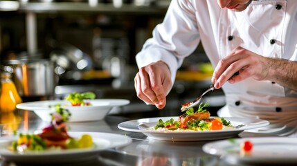 Professional chef carefully garnishing a dish with fresh herbs in a restaurant kitchen.
