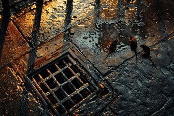 Fototapeta premium Golden hour in the city: rain-soaked pavement and drain shimmering in the sunset light, creating an urban ambiance