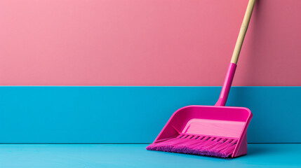 Plastic dustpan with cleaning broom on color background