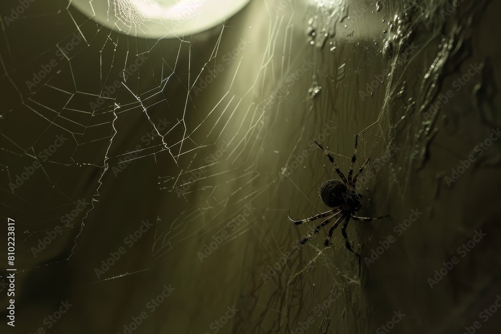 Poster mysterious spider hides in its intricate web against a dark background, illuminated by a single eeri