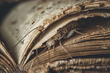 Macro photograph of a vintage book with reading glasses, showcasing well-worn pages in an evocative...