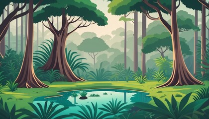 jungle forest with trees and pond cartoon background illustration of tropical landscape