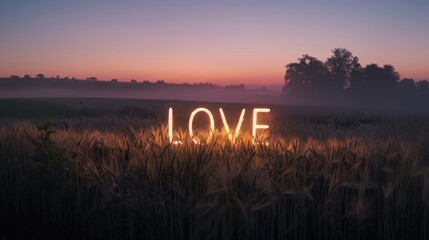 Obraz premium Neon Text Art In Dreamy Landscapes. Sunset over a wheat field with the word love glowing in the middle.