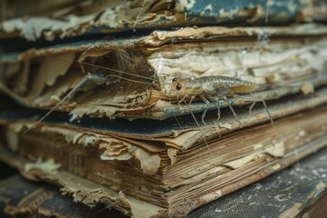 Close-up of a silverfish infestation on a stack of antique books with torn and yellowed pages