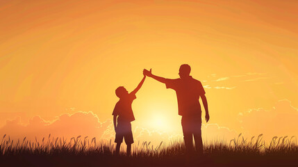 Fototapeta premium Father and Child Standing in Field at Sunset
