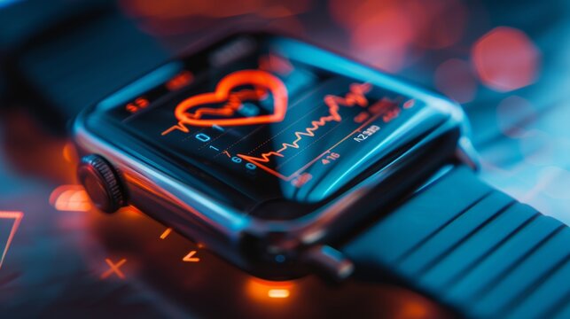 Close-up of a smartwatch displaying heart rate and other vital health data on its screen.