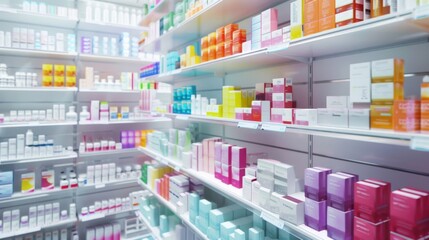 Neatly arranged drugstore shelves filled with assorted medicine boxes.
