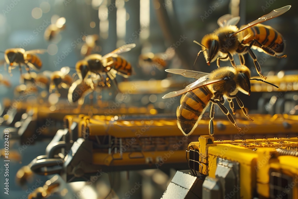 Poster honeybees in action: close-up of honeycomb frames being worked on in warm sunlight during the golden