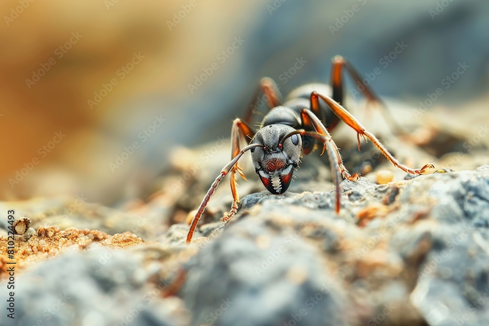 Poster Close-up image of an ant on a textured surface, showcasing intricate details and natural colors in a wildlife environment