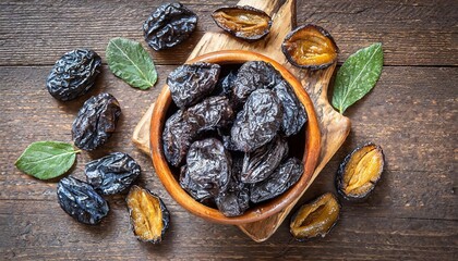 dried plums prunes in bowl on wooden table background top view organic vegetarian food - Powered by Adobe