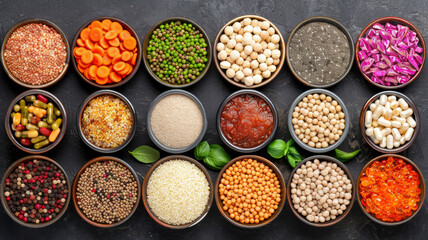 A variety of colorful bowls filled with different types of food, including beans