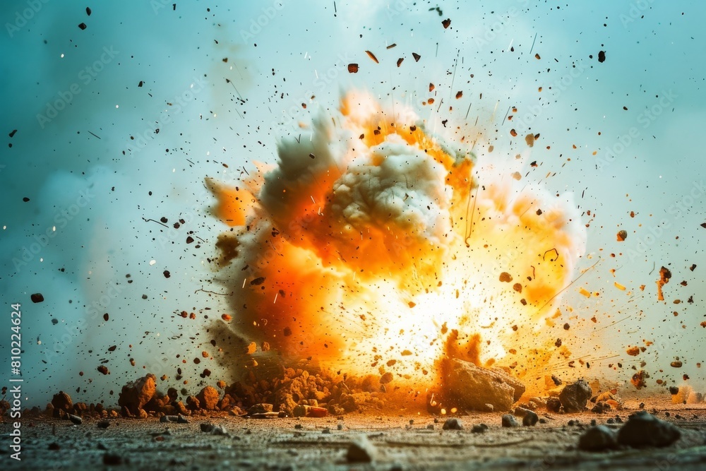 Fototapete explosive burst with fiery debris and dust cloud, set against a pristine blue sky in a remote, desol