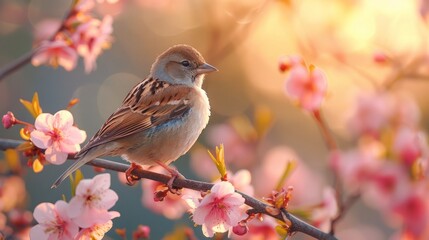 A small brown bird is perched on a branch of a pink flower tree. The bird is looking at the camera, and the scene is peaceful and serene