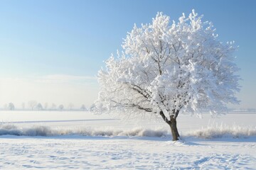 Stunning lone tree adorned with frost in a peaceful snowy setting beneath a crisp winter sky