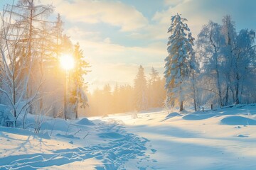 Captivating sunbeams shining through the icy trees in a peaceful snow-covered forest, crafting a enchanting winter scene at sunrise