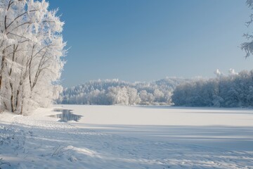 Tranquil winter scenery with a frozen lake and frost-covered trees against a clear blue sky on a sunny day