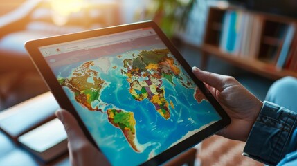 Person holding a tablet displaying an interactive world map in a cozy setting.