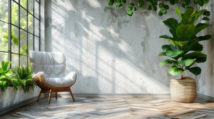 An interior with an empty white wall and a fiddle fig plant, a wooden herringbone parquet floor, and an illustration in 3D.